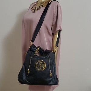 Tory Burch Black Leather Monogram Hobo Bag